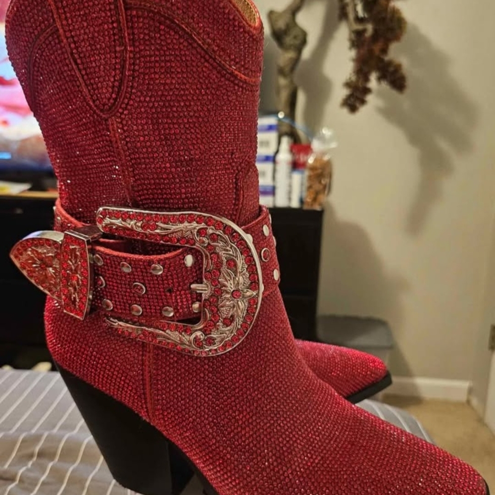 Buckle Red Heeled Boots with Silver Buckle